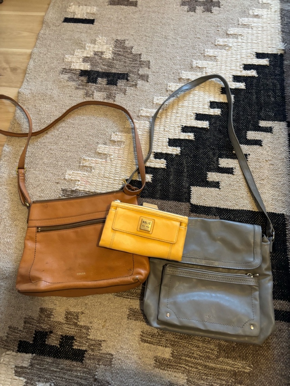Fossil Tan and Gray Leather Crossbody Bags with Yellow Wallet lot of 3